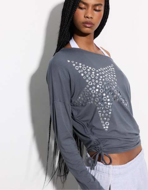 Stradivarius Star stud t-shirt in dark grey