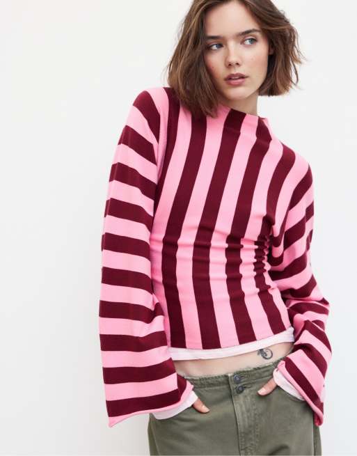 Stradivarius Stehkragen-Strickpullover mit Kimonoärmeln in Bubblegum-Pink, 5 von 7