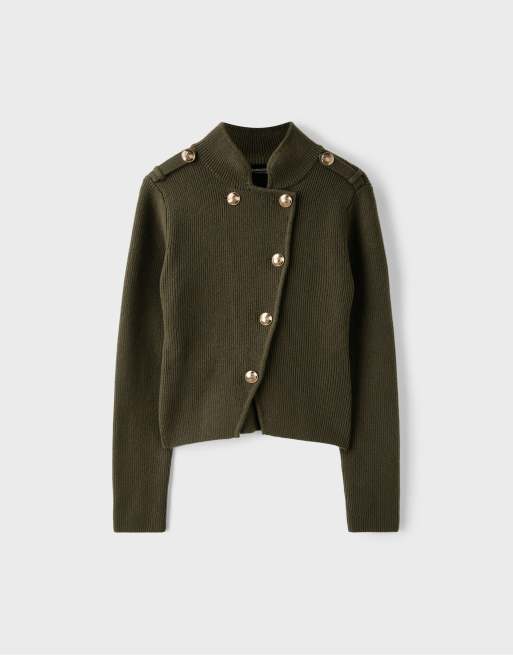 Stradivarius stickad kofta med knappar i khaki, 6 av 7