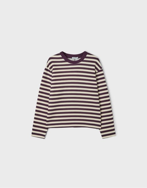 Stradivarius stickad t-shirt med rund hals i mörklila, 6 av 7
