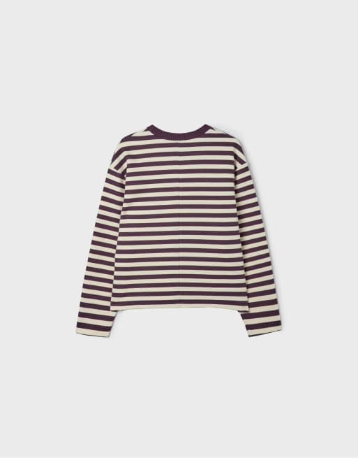 Stradivarius stickad t-shirt med rund hals i mörklila, 7 av 7