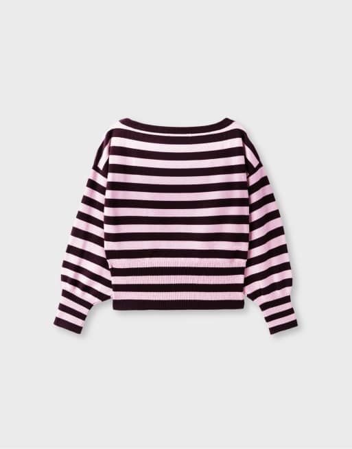 Stradivarius stickad tröja med asymmetrisk ribbad fåll i aubergine, 7 av 7