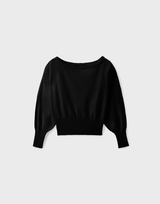 Stradivarius stickad tröja med asymmetrisk ribbad fåll i svart, 6 av 7
