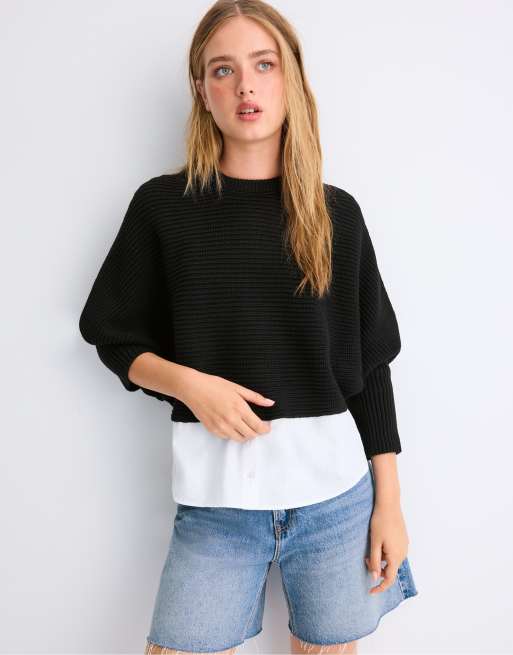 Stradivarius stickad tröja med batwing-ärmar i svart i blandade material, 2 av 7