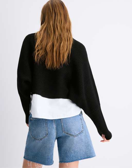 Stradivarius stickad tröja med batwing-ärmar i svart i blandade material, 3 av 7