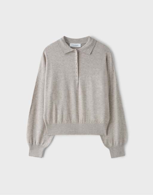 Stradivarius stickad tröja med pikékrage i stone, 5 av 6