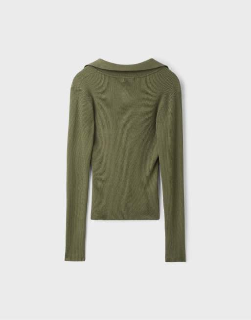 Stradivarius stickad tröja med pikékrage och fickor i khaki, 7 av 7