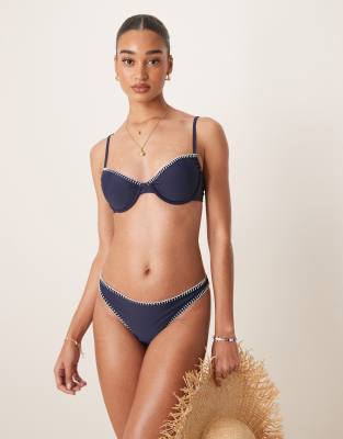 Stradivarius stitch detail balconette bikini top & bottom in navy and white - view 1
