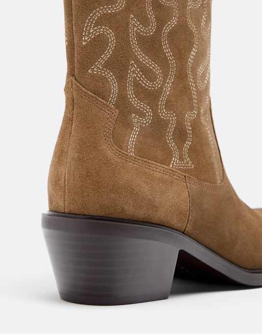 Stradivarius - Stivaletti stile cowboy in pelle beige con tacco, 3 di 5