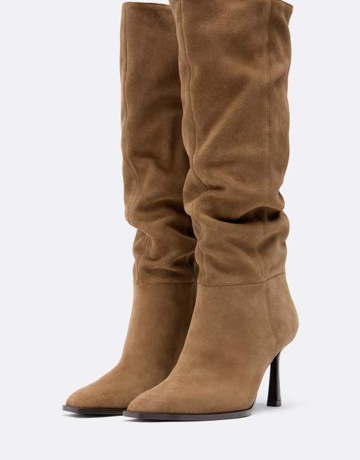 Stradivarius - Stivali morbidi in pelle beige con tacco alto a spillo, 3 di 4