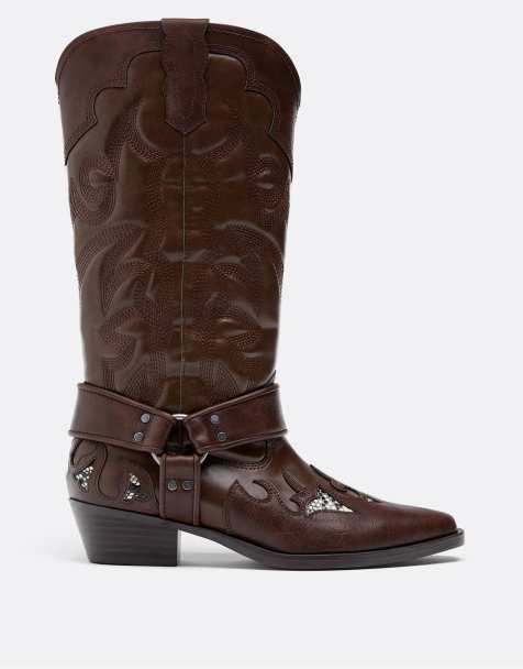 Stradivarius - Stivali stile cowboy marroni con stampa animalier - view 1