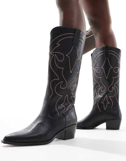 Stradivarius - Stivali stile western con tacco neri con cuciture a vista, 2 di 4