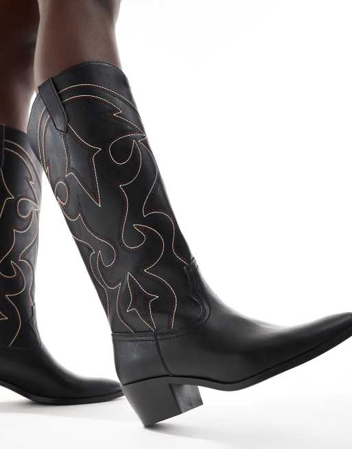 Stradivarius - Stivali stile western con tacco neri con cuciture a vista, 4 di 4