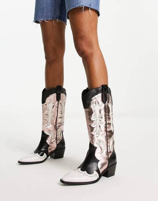 Stradivarius - Stivali stile western rosa metallizzato con punta a contrasto, 3 di 4
