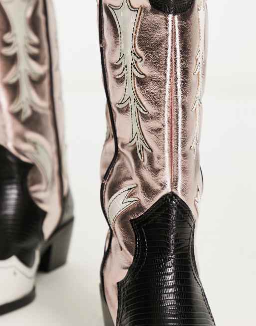 Stradivarius - Stivali stile western rosa metallizzato con punta a contrasto, 4 di 4