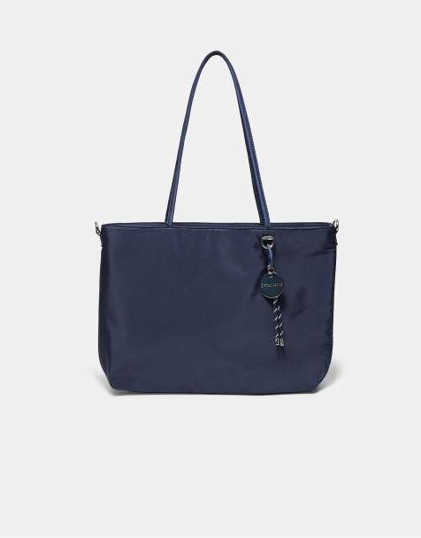 Stradivarius - Stoffen shopper tas met hangertje in marineblauw - view 1