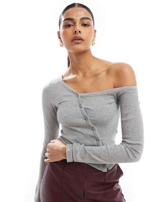 Stradivarius Str Asymmetric Buttoned Jersey Top In Gray