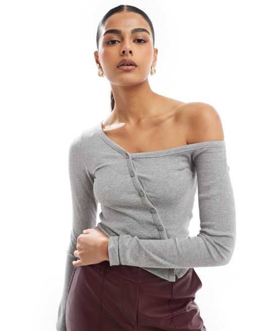 Stradivarius STR asymmetric buttoned jersey top in gray