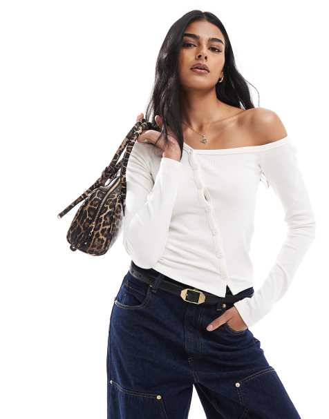 Stradivarius STR asymmetric buttoned ribbed top in ecru - view 1