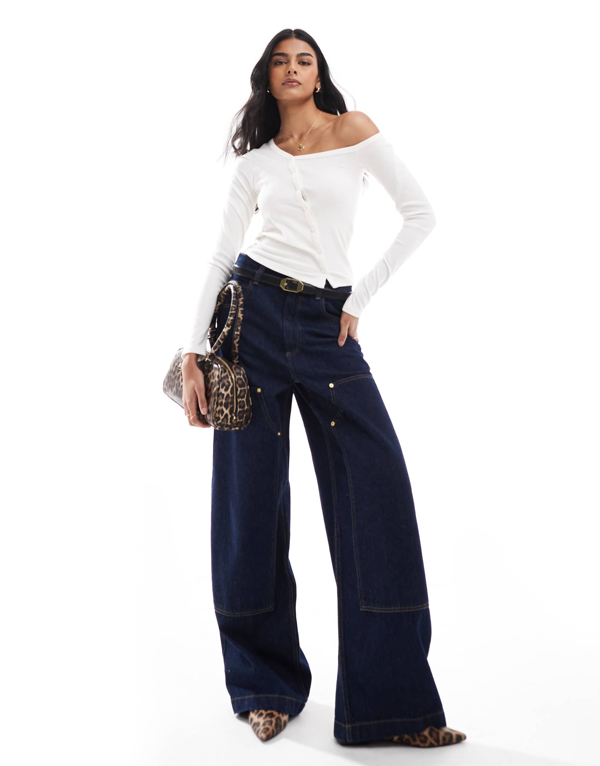 stradivarius str asymmetric buttoned ribbed top in ecru