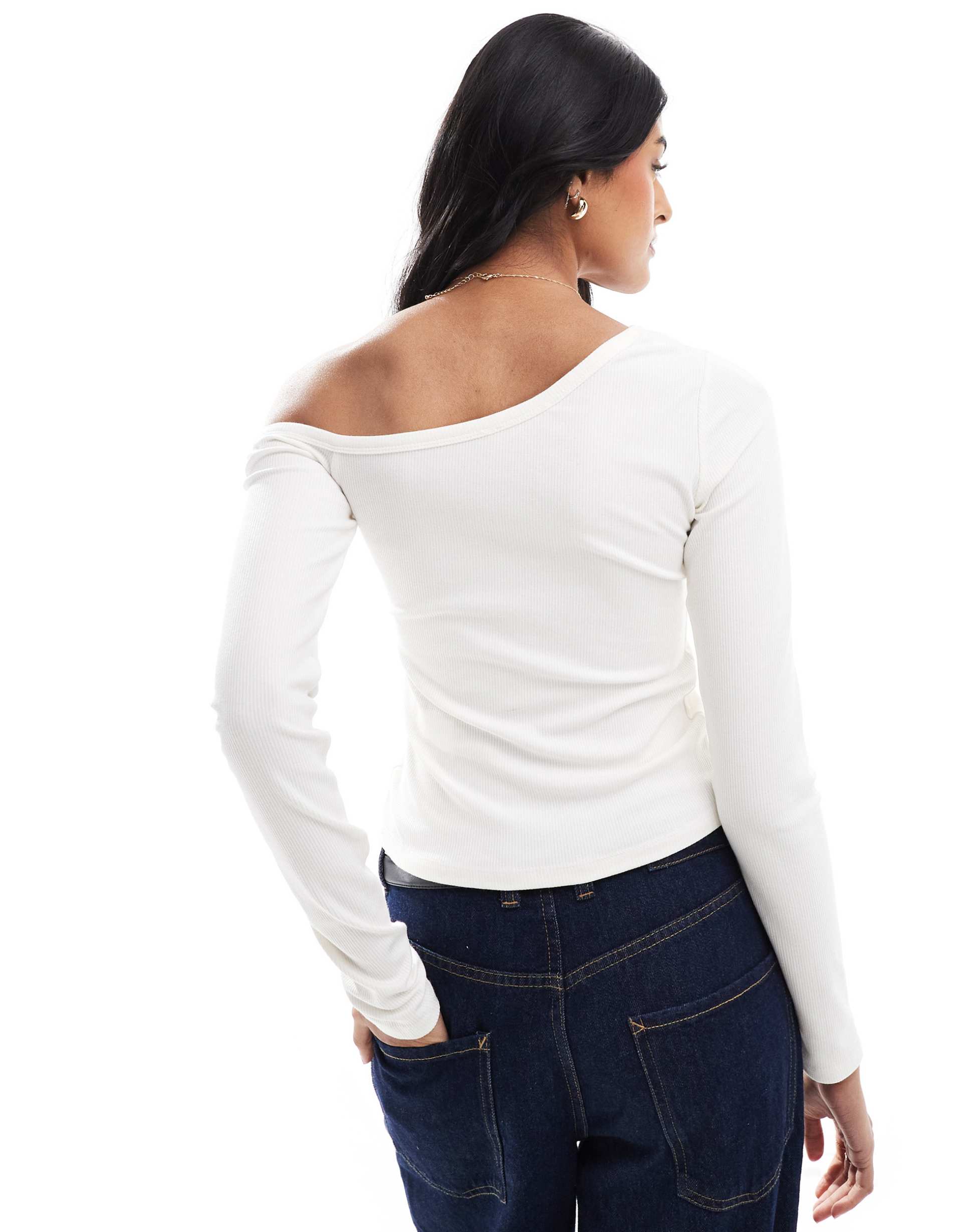stradivarius str asymmetric buttoned ribbed top in ecru