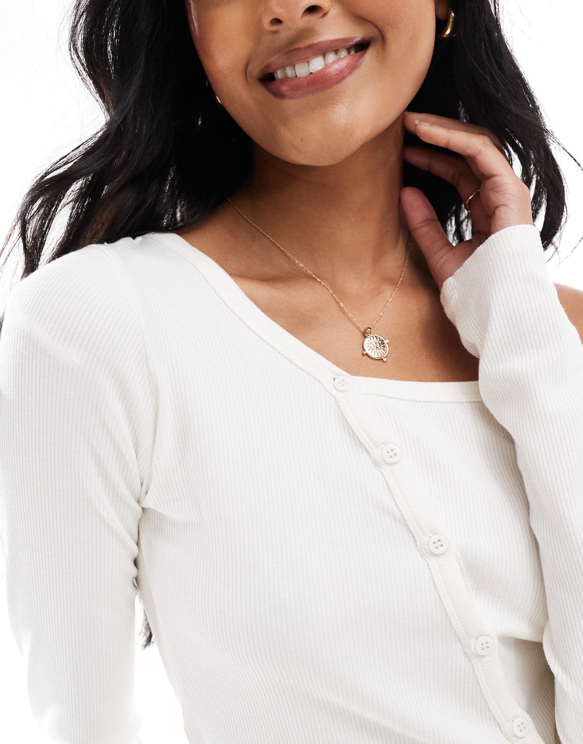 stradivarius str asymmetric buttoned ribbed top in ecru