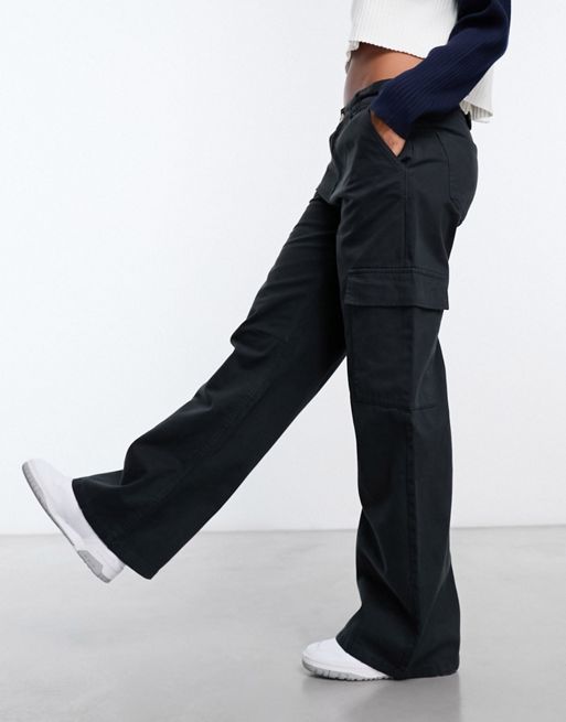 Stradivarius straight leg cargo trouser in black