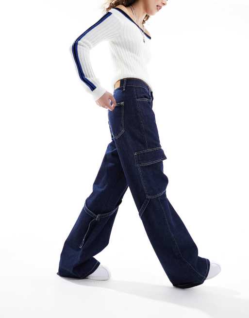 Stradivarius STR baggy denim utility jeans in dark blue 