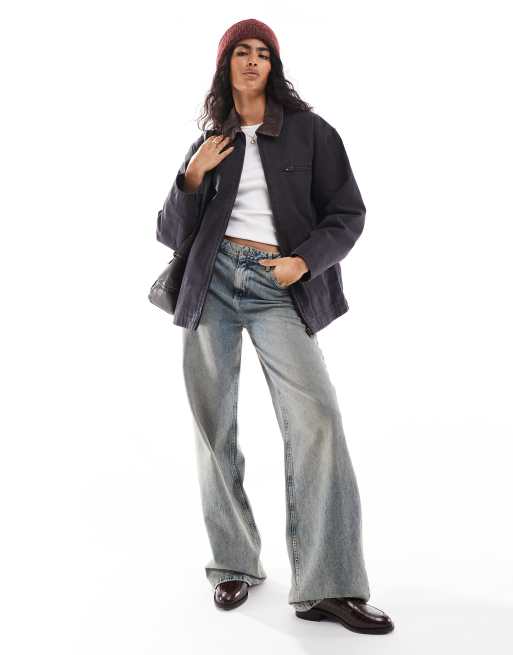 Stradivarius – STR – Barn-Jacke in Schwarz mit Kragen aus Cord