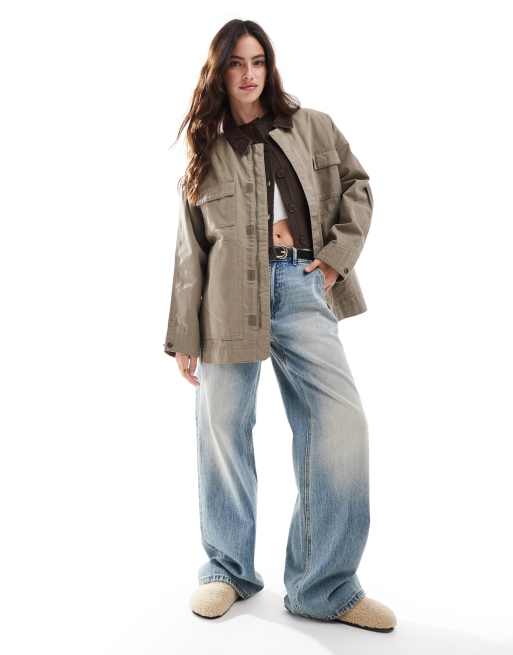 Stradivarius – STR Barn – Kurtka w kolorze khaki ze sztruksowym kołnierzem