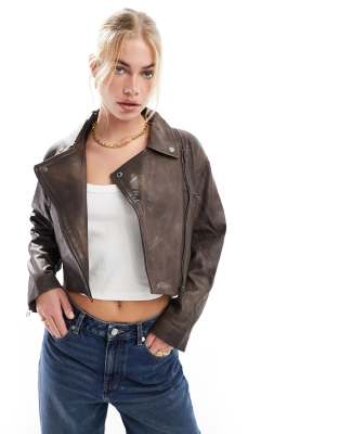 Stradivarius - STR - Bikerjacke aus Echtleder in Vintage-Braun-Brown