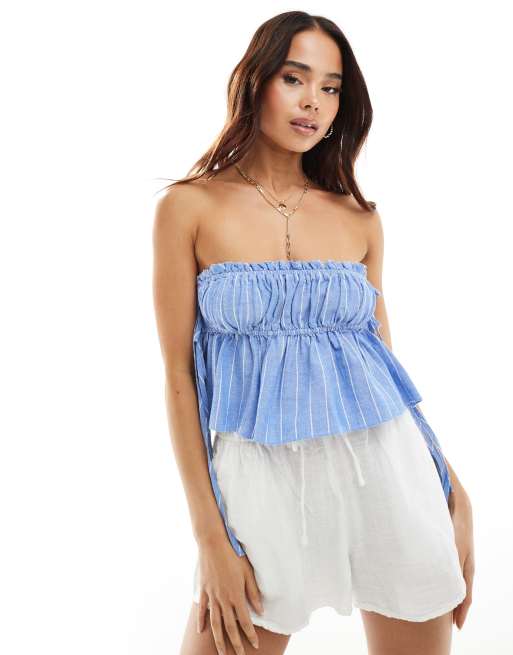 Stradivarius - STR - Blå bandeau-top med striber i rustik stil