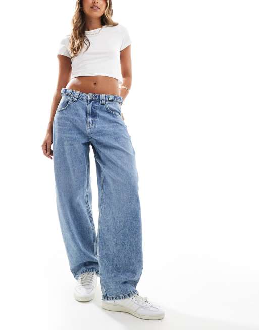 Stradivarius - STR - Blå jeans i mellemvask med tøndeformede ben og justerbar talje
