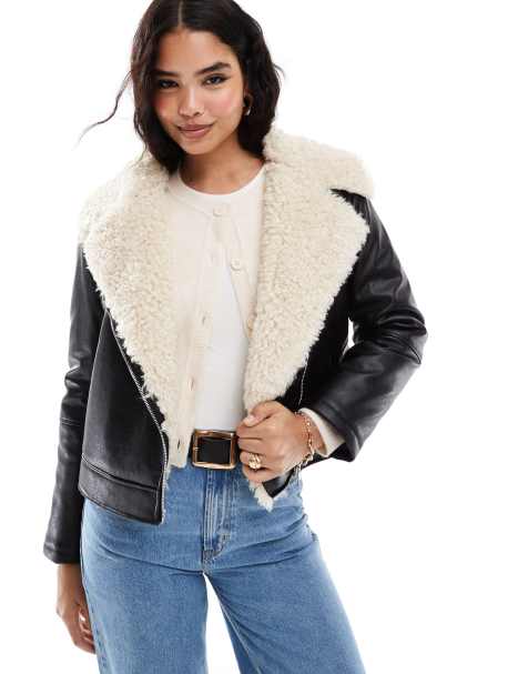Stradivarius - STR - Blouson aviateur en similicuir et fausse fourrure - Noir - view 1