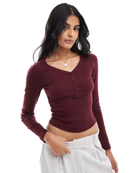 Stradivarius - STR - Bordeaux ribstrikket top med knapper - view 1