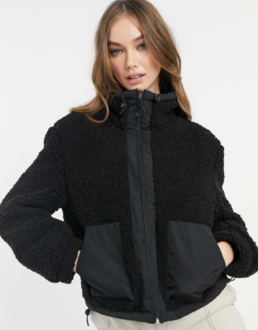 Stradivarius STR borg fleece jacket with pockets in black