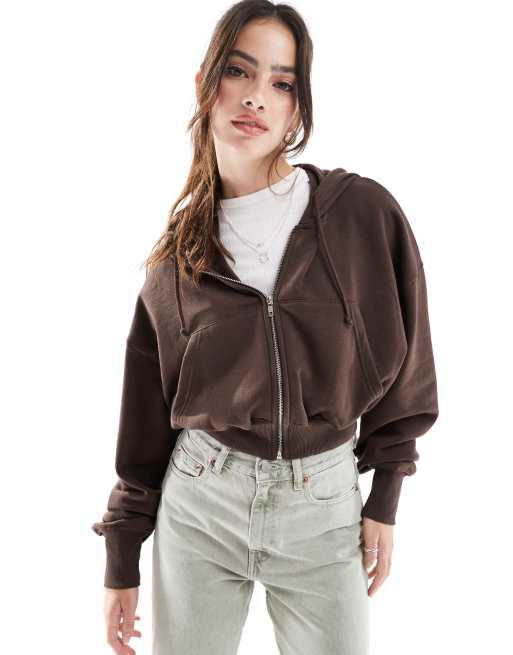Stradivarius – STR – Brązowa zapinana na zamek krótka bluza z kapturem