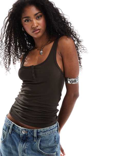 Stradivarius - STR - Brun top med knapper - view 1