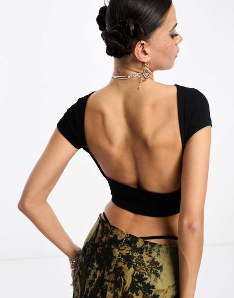 Stradivarius STR cap sleeve tee with open back in black - view 1