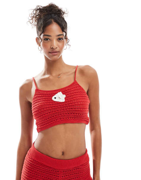 Stradivarius STR co ord crochet crop top in red - view 1