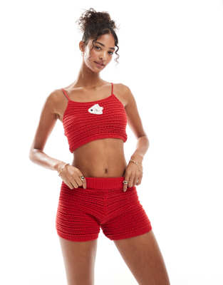Stradivarius STR co ord crochet mini short co ord in red