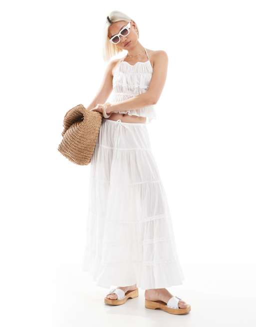 Stradivarius - STR - Co-ord set van gerimpelde crop top met halternek en rok in ecru