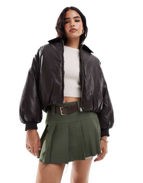 Stradivarius STR cropped faux leather puffer jacket in chocolate - view 1
