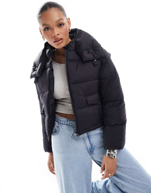 Stradivarius STR cropped puffer jacket in black ASOS