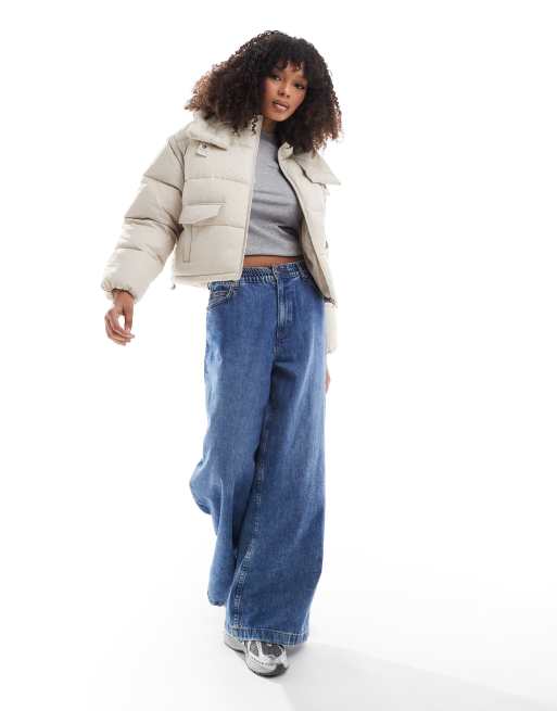 Stradivarius STR cropped puffer jacket in ecru | ASOS