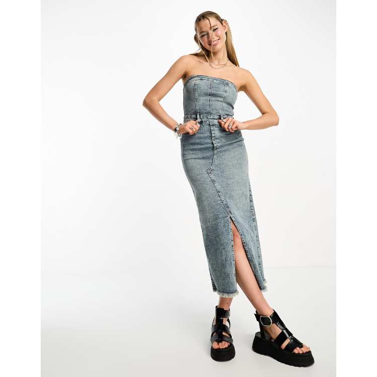 Denim Bandeau Split Front Midi Dress