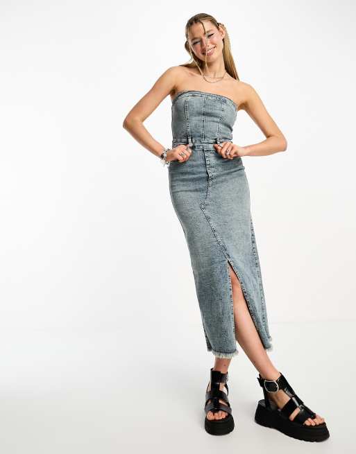 Stradivarius STR denim bandeau midi dress in medium wash blue 