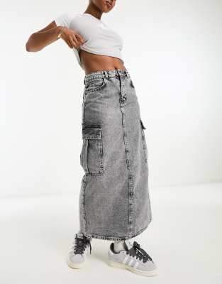 Stradivarius STR denim cargo maxi skirt in washed gray