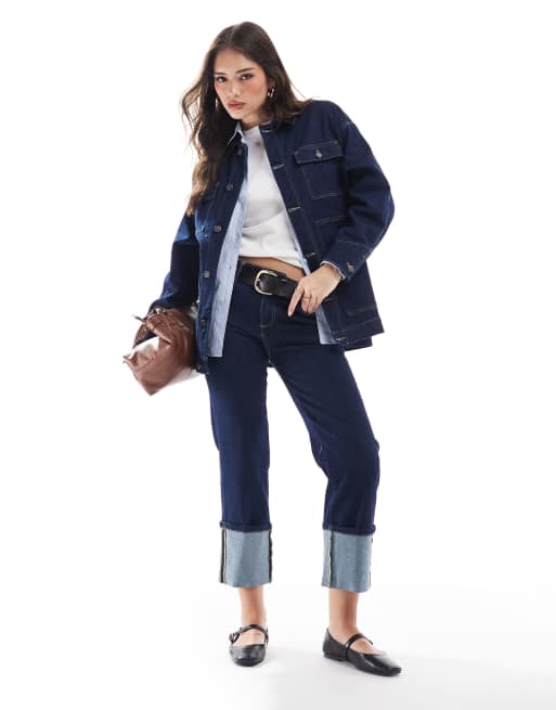 Stradivarius - STR - Denim jack met corduroy detail in indigo, deel van co-ord set, 4 van 4