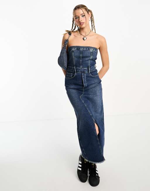 Stradivarius - STR - Denim midi bandeau-jurk in blauw met vintage wassing 